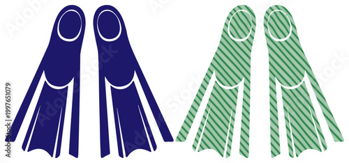 Pair of contrasting swimming fins, one solid blue, the other green striped, ready for aquatic adventure.