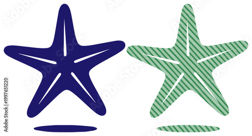 Two stylized starfish, one solid blue, the other striped green, symbolizing marine life and diversity.