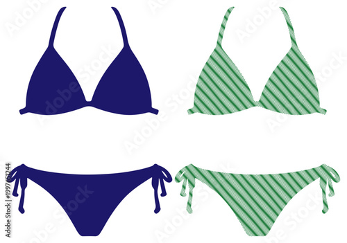 Two stylish bikini sets, one solid navy and one striped green, laid out for summer beach fun.