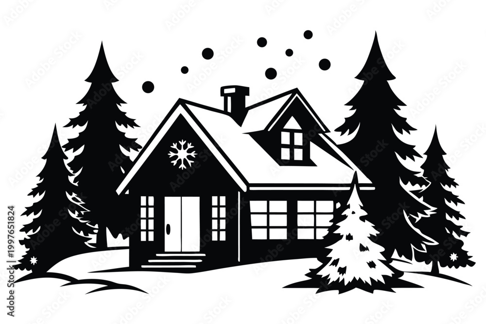 Fototapeta premium a cozy house with winter wonderland silhouette line art vector illustration with a white background