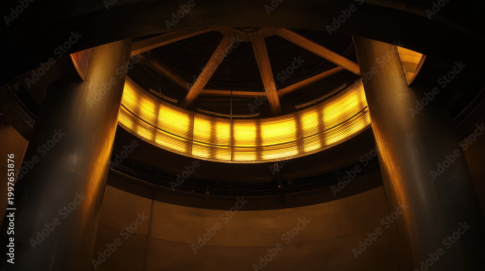 Fototapeta premium Circular industrial interior featuring a glowing golden light fixture illuminating the dark ceiling, creating a dramatic and abstract architectural scene