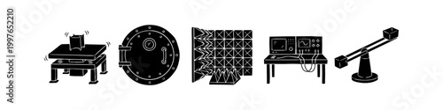 Set of hand-drawn black and white icons illustrating scientific laboratory testing equipment, including vibration table, centrifuge, vacuum chamber hatch, anechoic panels, and control station.