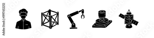 Set of black and white industrial and technology icons including a laboratory worker, structural frame, robotic arm, mechanical part, and space satellite for engineering and science concepts.