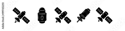 Collection of hand-drawn black satellite icons for space exploration, telecommunications, and GPS technology, isolated on white background.