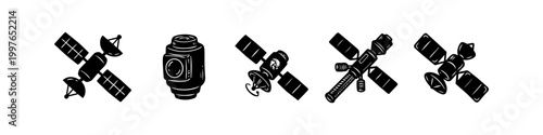Set of hand-drawn satellite icons in black and white. Detailed vector illustrations of artificial satellites for space exploration, telecommunications, and orbital technology concepts.