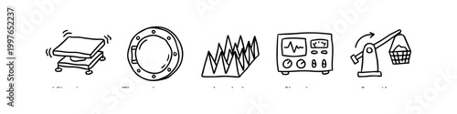 A collection of hand-drawn scientific equipment icons including a vibration shaker, porthole, anechoic foam, oscilloscope, and centrifuge. Minimalist black line art on a white background.