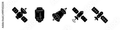 Set of black silhouette icons representing various satellites and spacecraft for communication, navigation, and space exploration. Minimalist vector design isolated on white background.