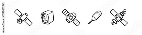 Hand-drawn collection of space and technology icons featuring various satellite designs, a security camera, and a digital sensor. Minimalist black and white line art on a white background.