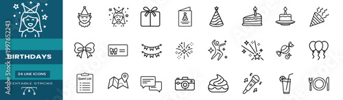 Party celebration web line icons set event decoration birthday balloons cake gift surprise web line icons set & more vector illustration on editable stroke