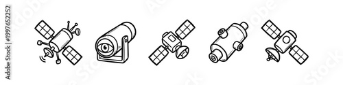 Set of hand-drawn space and surveillance icons featuring satellites and a camera lens with an eye. Minimalist doodle sketches isolated on a white background for tech and science projects.