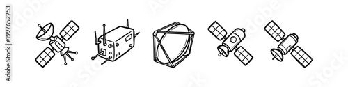 A set of hand-drawn doodle-style satellite icons on a white background, featuring various communication and research satellites with antennas and solar panels for space exploration themes.