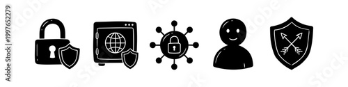 Set of five black icons representing security, protection, and data privacy. Icons include a padlock, safe box, global network security, user profile, and defensive shield.