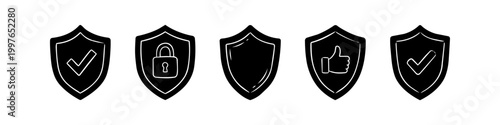 Set of hand-drawn black shield icons representing security, protection, and trust. Includes symbols like checkmark, padlock, and thumbs-up for safety and verification concepts.