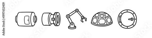 Space station and futuristic technology line icons set including a robotic arm, habitat dome, circular hatch, and modules. Minimalist vector illustration for sci-fi and industrial design.