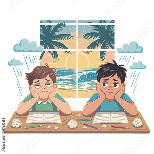 Two bored students staring out the window, looking at a beautiful beach view.