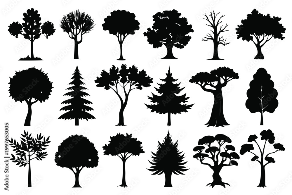 Fototapeta premium different types of trees silhouette line art vector illustration with a white background
