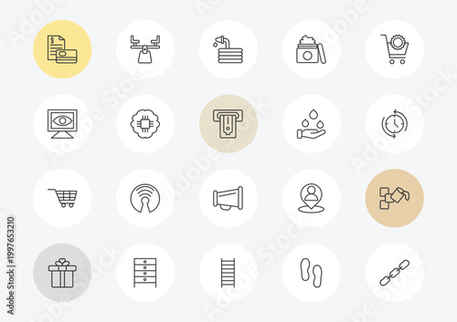 general outline icon set. linear vector for ui, web and mobile. thin line credit report, computer vision, shopping trolley icons.