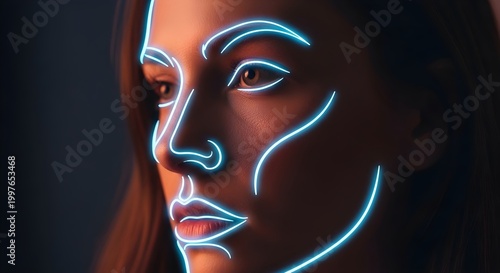 Futuristic Woman with Neon Facial Outline: AI, Biometric Identity, and Digital Beauty Concept