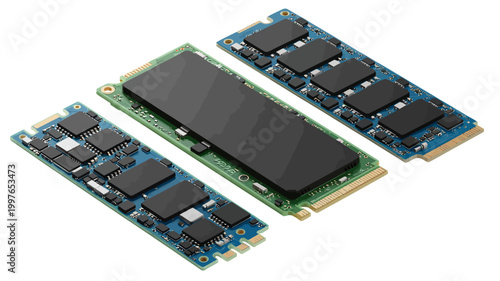 Three computer RAM modules with various memory chips on circuit boards  electronic components