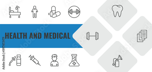 health and medical outline icon set. linear vector for ui, web and mobile. thin line hospital bed, body, antibiotics icons.
