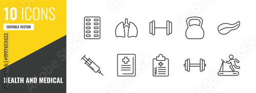 health and medical outline icon set. 10 linear vector for ui, web and mobile. thin line medical strip, lung, gym icons.