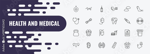 health and medical outline icon set. linear vector for ui, web and mobile. thin line beat, punching bag, breast implant icons.