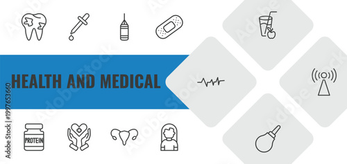 health and medical outline icon set. linear vector for ui, web and mobile. thin line caries, pipette, punching bag icons.