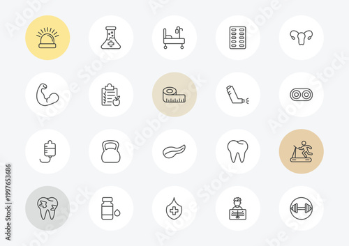 health and medical outline icon set. linear vector for ui, web and mobile. thin line emergency, biceps, medical drip icons.