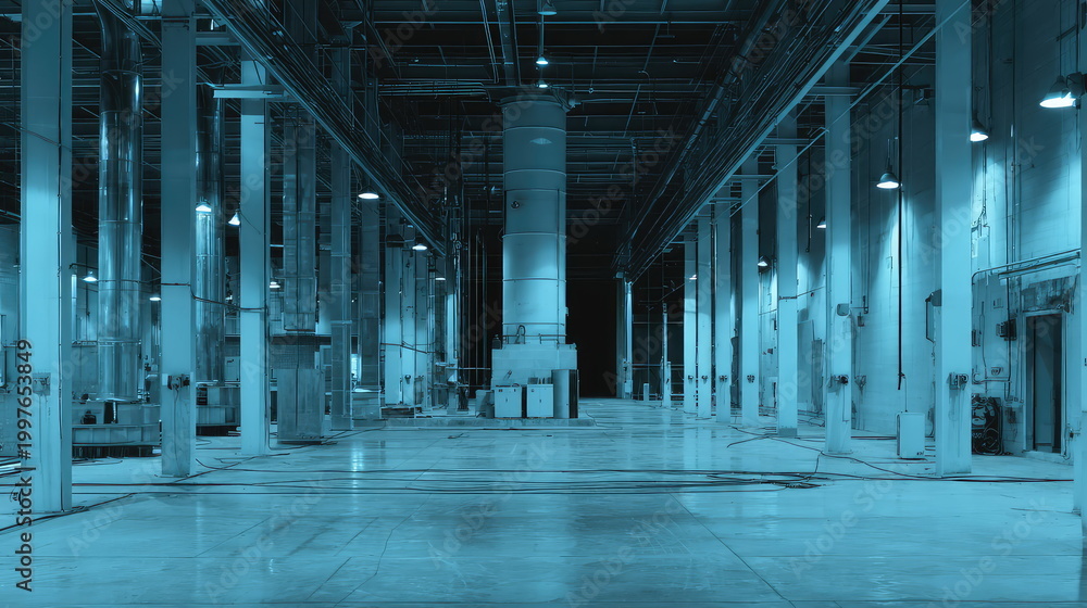 Fototapeta premium Vast empty industrial warehouse interior with numerous support pillars, metallic ducts, and industrial light fixtures creating a wide and expansive space