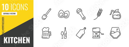 kitchen outline icon set. 10 linear vector for ui, web and mobile. thin line paddle, eggs, bottle opener icons.