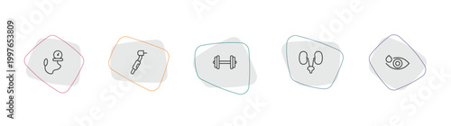 medical outline icon set. linear vector for ui, web and mobile. thin line tonometer, dental drill, dumbbell icons.