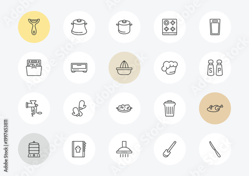 kitchen outline icon set. linear vector for ui, web and mobile. thin line peeler, dishwasher, meat grinder icons.