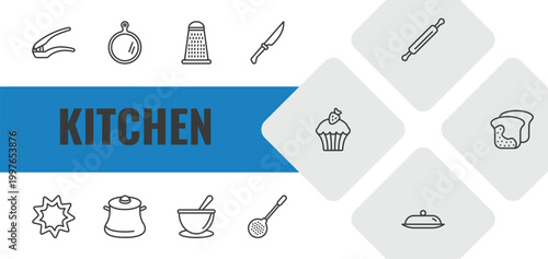 kitchen outline icon set. linear vector for ui, web and mobile. thin line garlic press, chopping board, grater icons.