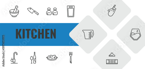 kitchen outline icon set. linear vector for ui, web and mobile. thin line mortar, cleaver, seasoning icons.