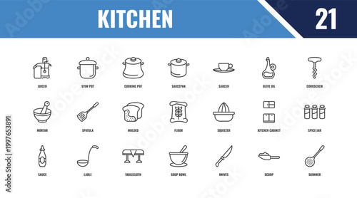 kitchen outline icon set. linear vector for ui, web and mobile. thin line stew pot, corkscrew, squeezer icons.