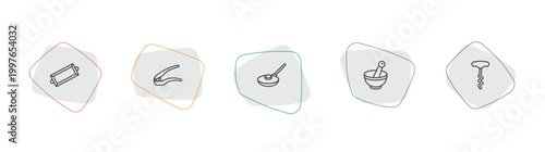 kitchen outline icon set. linear vector for ui, web and mobile. thin line tray, garlic press, frying pan icons.