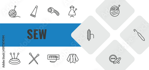 sew outline icon set. linear vector for ui, web and mobile. thin line wool ball, glue stick, rotary icons.