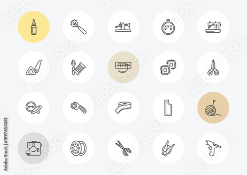 sew outline icon set. linear vector for ui, web and mobile. thin line glue, sewing marker, button icons.
