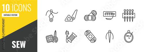 sew outline icon set. 10 linear vector for ui, web and mobile. thin line threading, sewing marker, yarn icons.