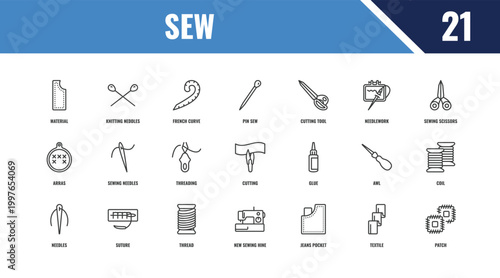 sew outline icon set. linear vector for ui, web and mobile. thin line knitting neddles, sewing scissors, glue icons.