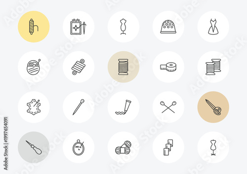 sew outline icon set. linear vector for ui, web and mobile. thin line threads, sewing basket, leather icons.
