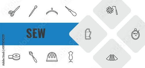 sew outline icon set. linear vector for ui, web and mobile. thin line scissors, pin sew, clothes hanger icons.