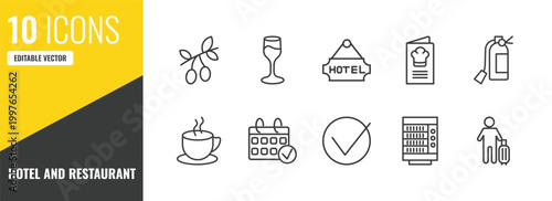 hotel and restaurant outline icon set. 10 linear vector for ui, web and mobile. thin line olives, wine glass, hotel icons.
