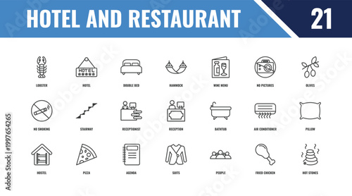 hotel and restaurant outline icon set. linear vector for ui, web and mobile. thin line hotel, olives, bathtub icons.