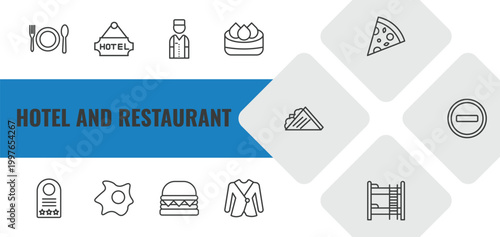 hotel and restaurant outline icon set. linear vector for ui, web and mobile. thin line food, hotel, bellboy icons.