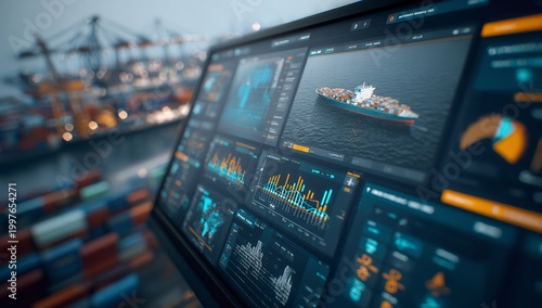 A close-up of a digital dashboard showing shipping routes and cargo ship data with a blurred container port in the background at dusk
