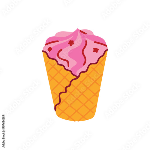 A tasty scoop of strawberry icecream in a waffle cone, drizzled with sweet pink syrup. A bright and joyful ice cream illustration for summer promotions.