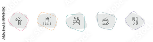 hotel and restaurant outline icon set. linear vector for ui, web and mobile. thin line servant, pool, nightstand icons.