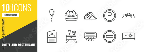 hotel and restaurant outline icon set. 10 linear vector for ui, web and mobile. thin line balloon, dim sum, sandwich icons.