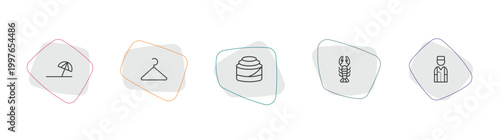 hotel and restaurant outline icon set. linear vector for ui, web and mobile. thin line beach umbrella, hanger, cinnamon roll icons.